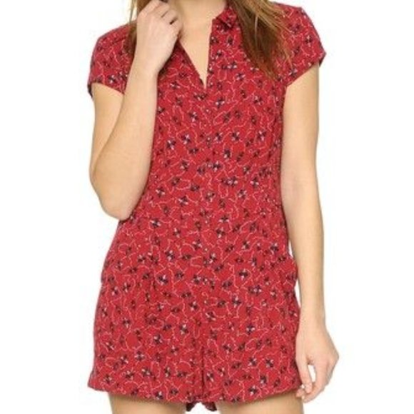 Free People Pants - Free People Debby Dot Red Floral Button Up Romper XS